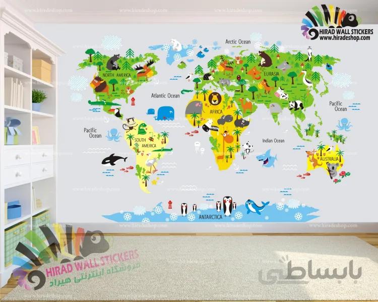استیکر و برچسب دیواری اتاق کودک نقشه تصویری حیوانات دنیا Visual Map of the Animals of the World Wallstickers کد h1447