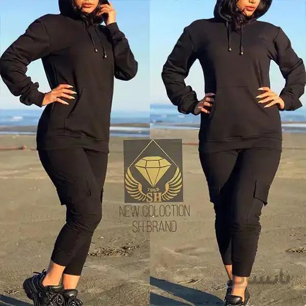 ست زنانه کد 057 هودی و شلوار طرح ساده جنس دورس رنگ مشکی ا Girl's hoodie set and full-length Dors pants