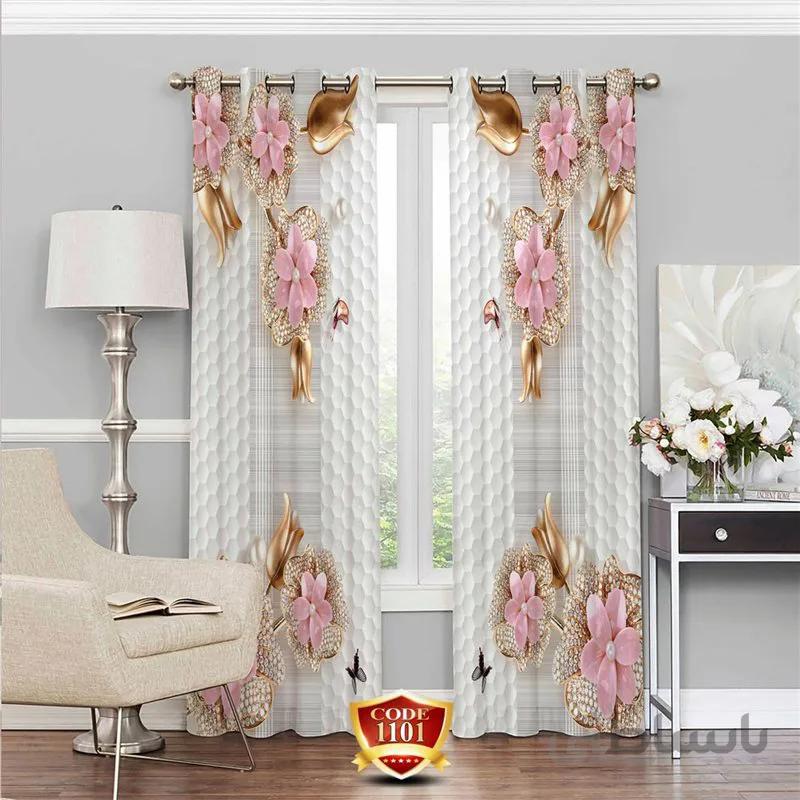 پرده پانچی کد 1101-3d-b طرح سه بعدی گل صورتی و طلایی