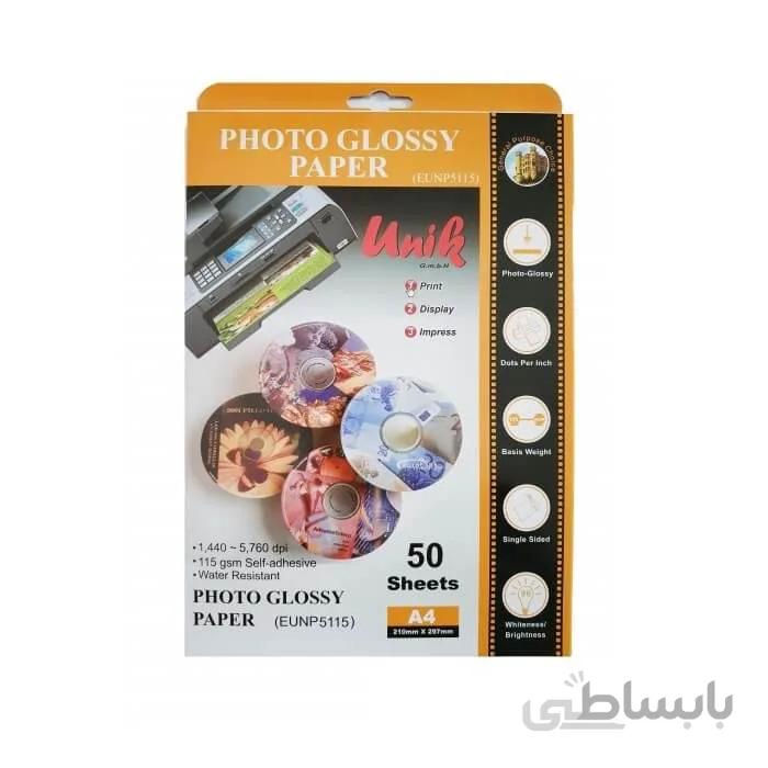 کاغذ فتو گلاسه چسبدار 115 گرم یونیک سایز A4