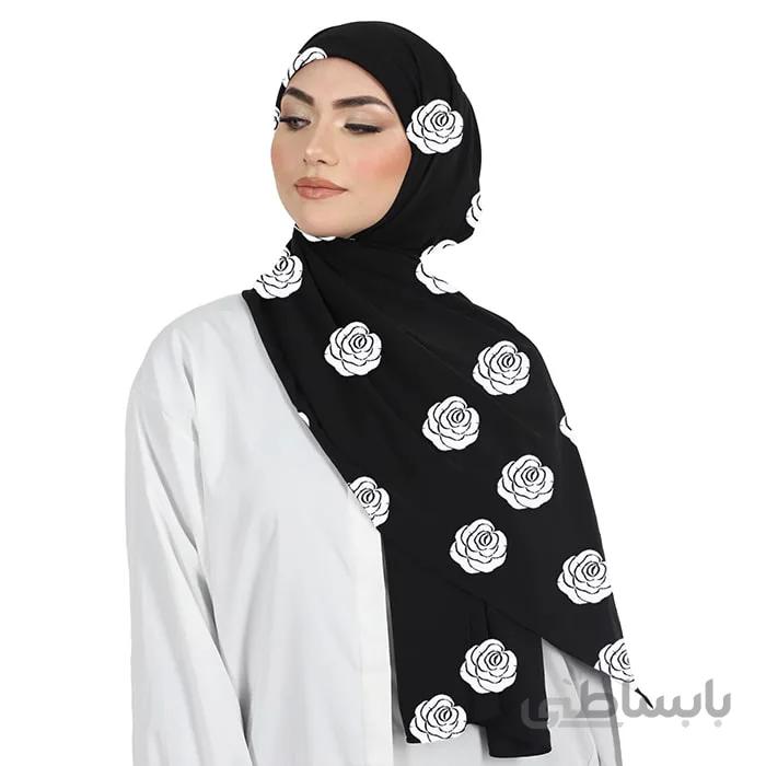 شال حریر مشکی گلدوزی رُز سفید