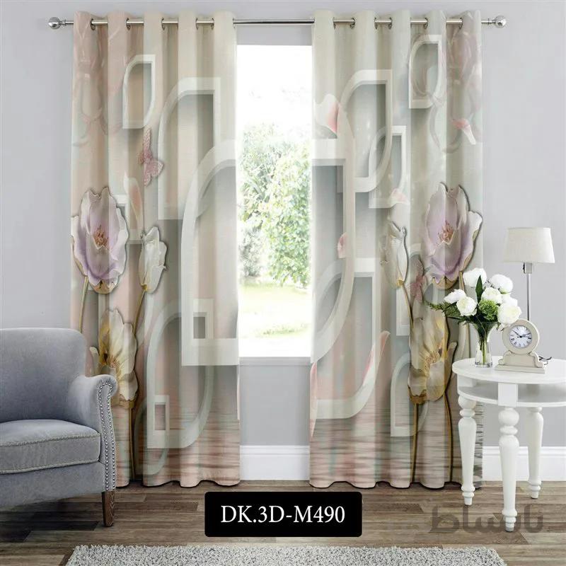 پرده پانچی (هازان و مخمل)کد DK.3D.M490 طرح سه بعدی گل های یاسی و شیری در آب