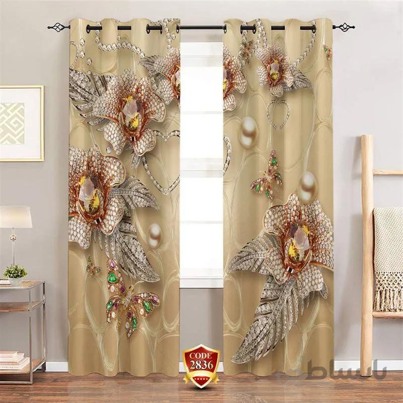 پرده پانچی کد 2836-3d-b طرح سه بعدی گل و پروانه طلایی