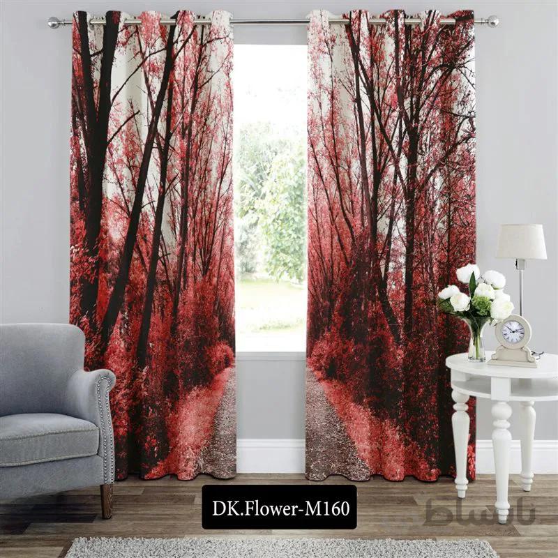 پرده پانچی (هازان و مخمل)کد DK.Flower.M160 طرح گل و منظره جاده ی صورتی