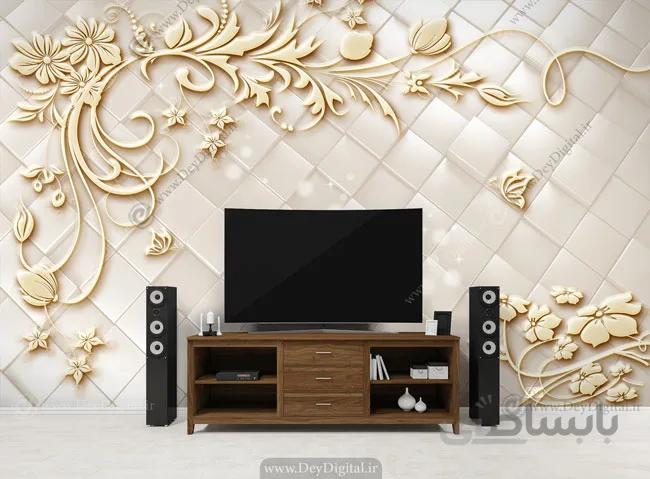 پوستر دیواری پشت تلویزیون گل خطی کرمی BA-9049