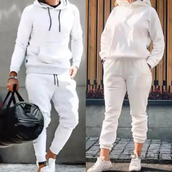 ست زن و مرد کد141 هودی و شلوار طرح ساده جنس دورس رنگ سفید ا Pair set of hooded hoodies and thick white Dors pants