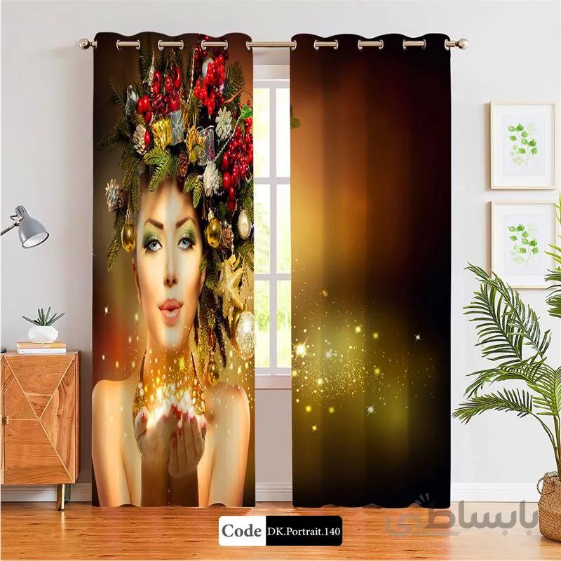 پرده پانچی (هازان و مخمل) کد DK.Portrait.140 طرح چهره زن با تاج درخت کریسمس