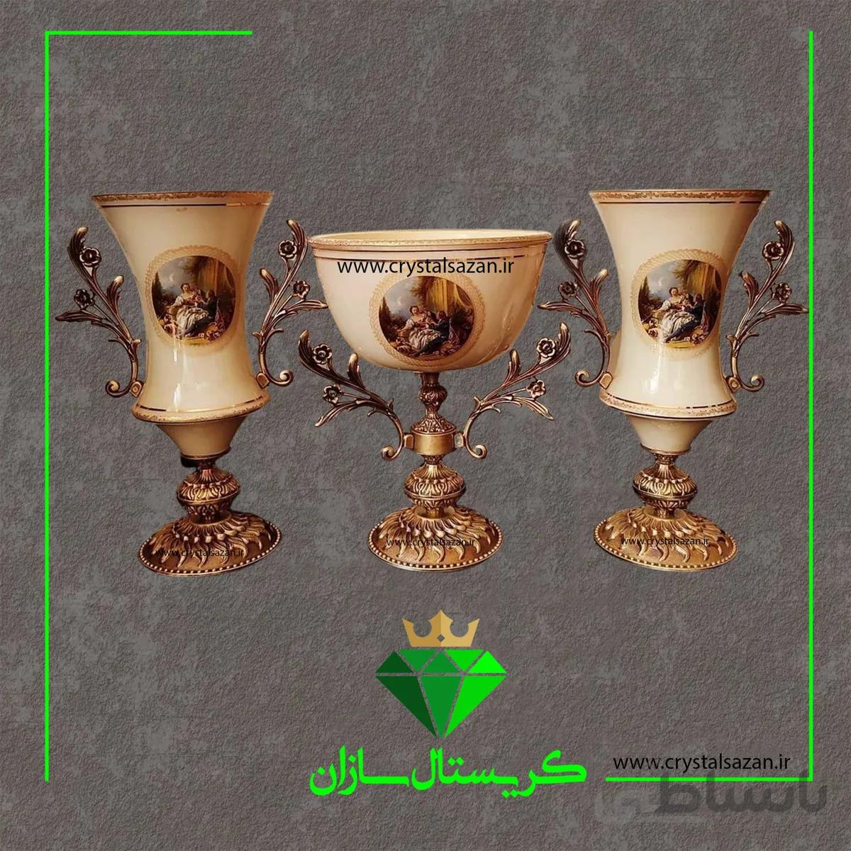 سه تیکه گلدان و کاسه پایه دار کریستال سازان مدل رومنس نسکافه ای کد CS1273