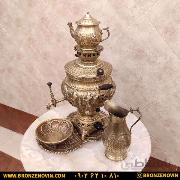 سماور برنجی گازی ۸ لیتری هخامنش آنتیک با سرویس