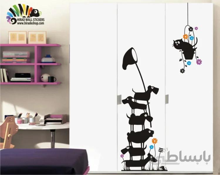استیکر و برچسب دیواری سگ ها و گربه داخل گلدان کد h187
