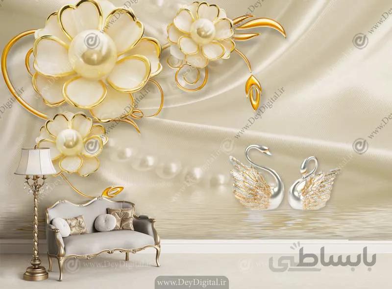 کاغذ دیواری پشت تی وی سه بعدی گل طلایی BA-5105