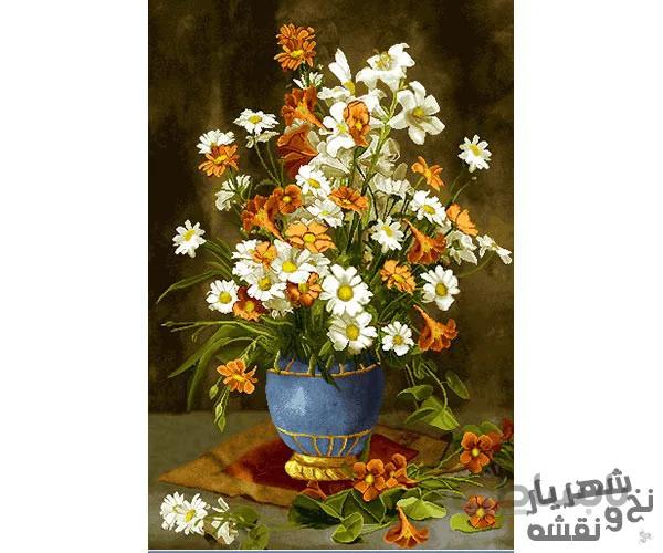 لوازم آماده بافت تابلو فرش طرح گلدان گل بابونه کد 91299