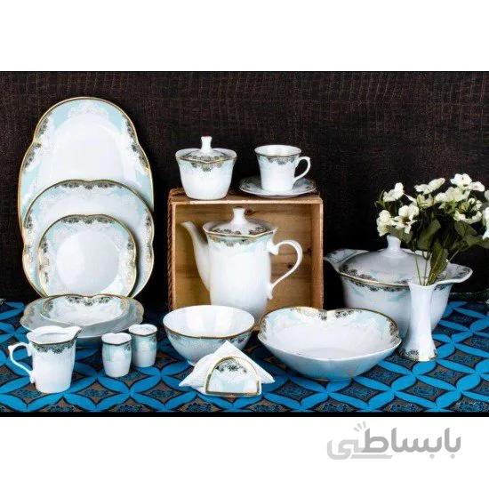 سرویس غذاخوری 12 نفره 104پارچه چینی پردیس کاشان قالب اسپرینگ طرح دانته فیروزه ای 1003I