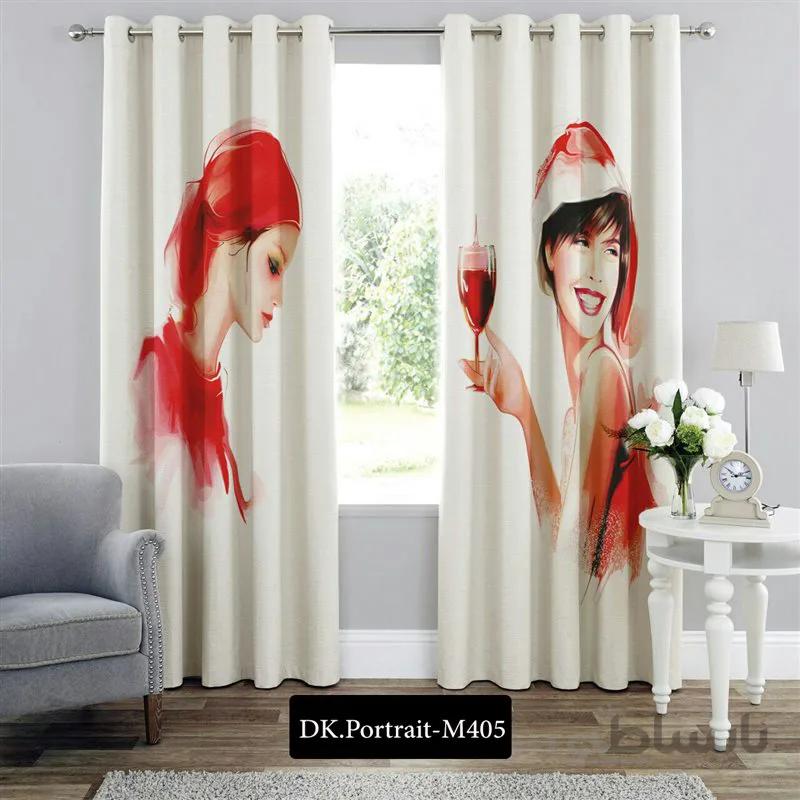پرده پانچی (هازان و مخمل) کد DK.Portrait.M405 طرح چهره دختران قرمز پوش