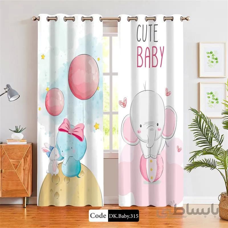 پرده پانچی (هازان و مخمل)کد DK.Baby.315 طرح نوزاد بچه فیل و بادکنک صورتی