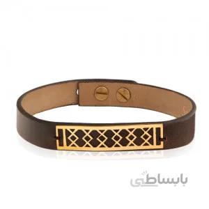 دستبند چرم مردانه با پلاک طلا طرح اسلیمی کد MB134