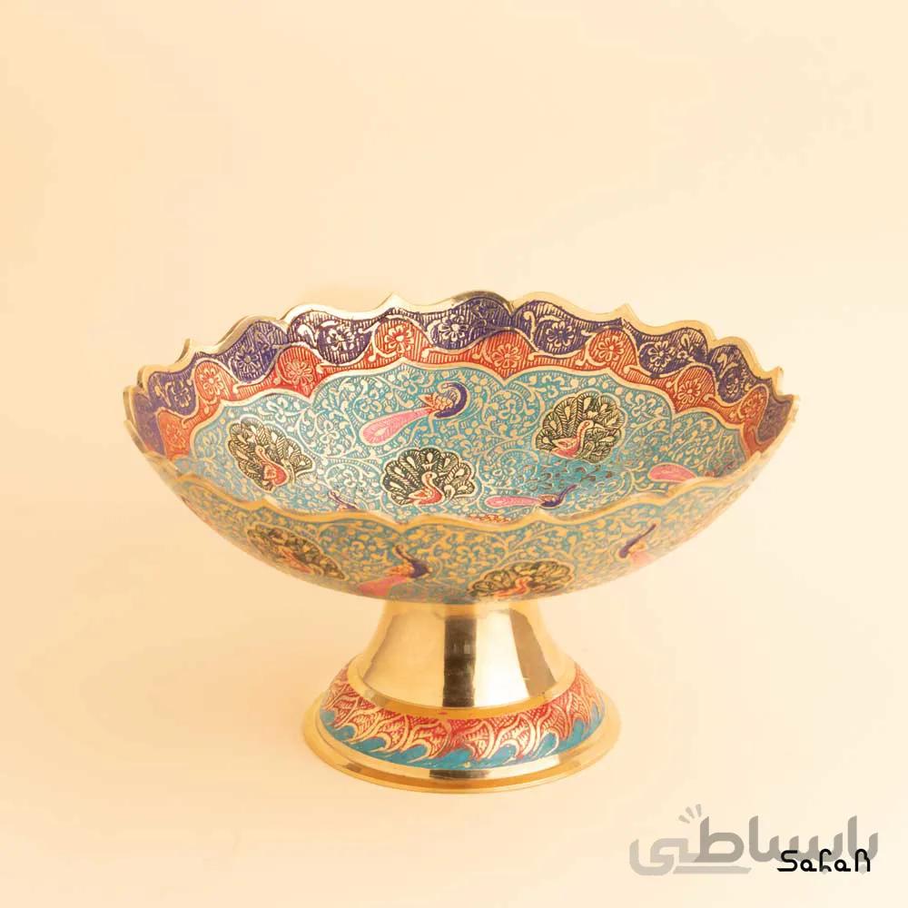 میوه خوری برنجی میناکاری پایه دار دورو مدل طوطی سایز 2