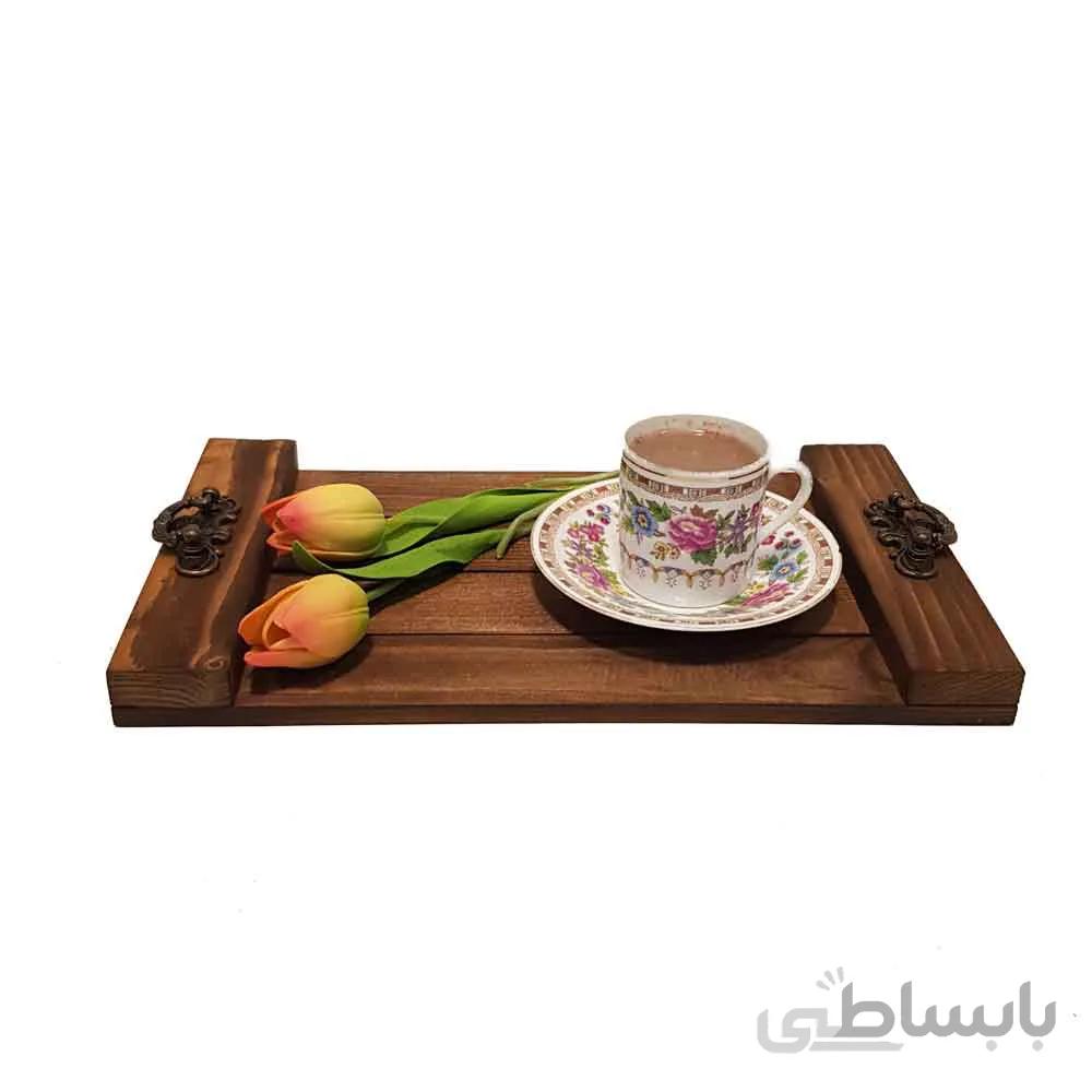 سینی چوبی دسته فلزی کوچک قهوه ای