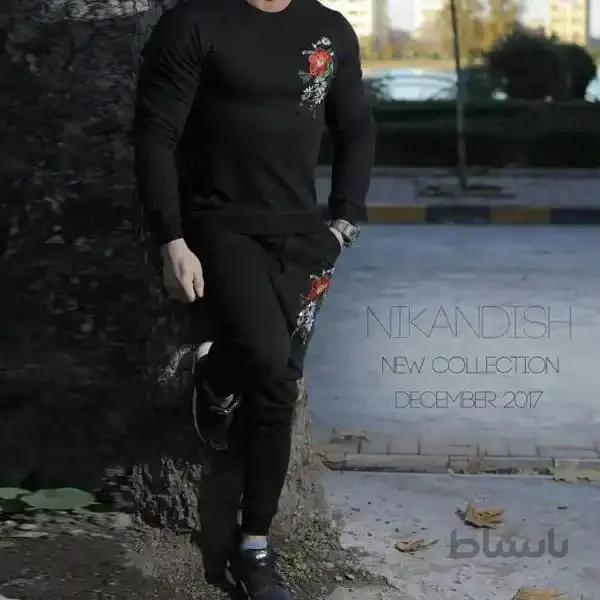 ست مردانه کد 109 سویشرت و شلوار اسپرت طرح گل رنگ مشکی ا Men's sports sweater and pants set, black flower design