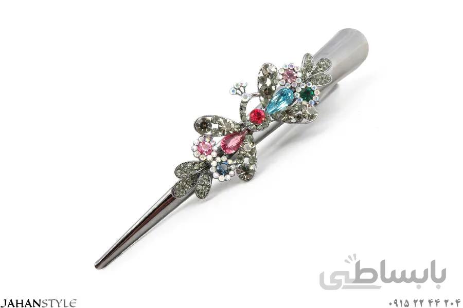 گیره مو انبری دودی طرح طاووس رنگی