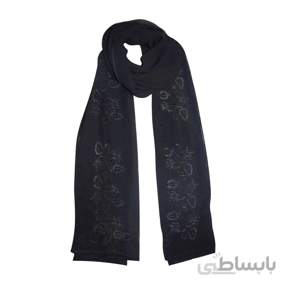 شال حریر مشکی طرح گل مشکی