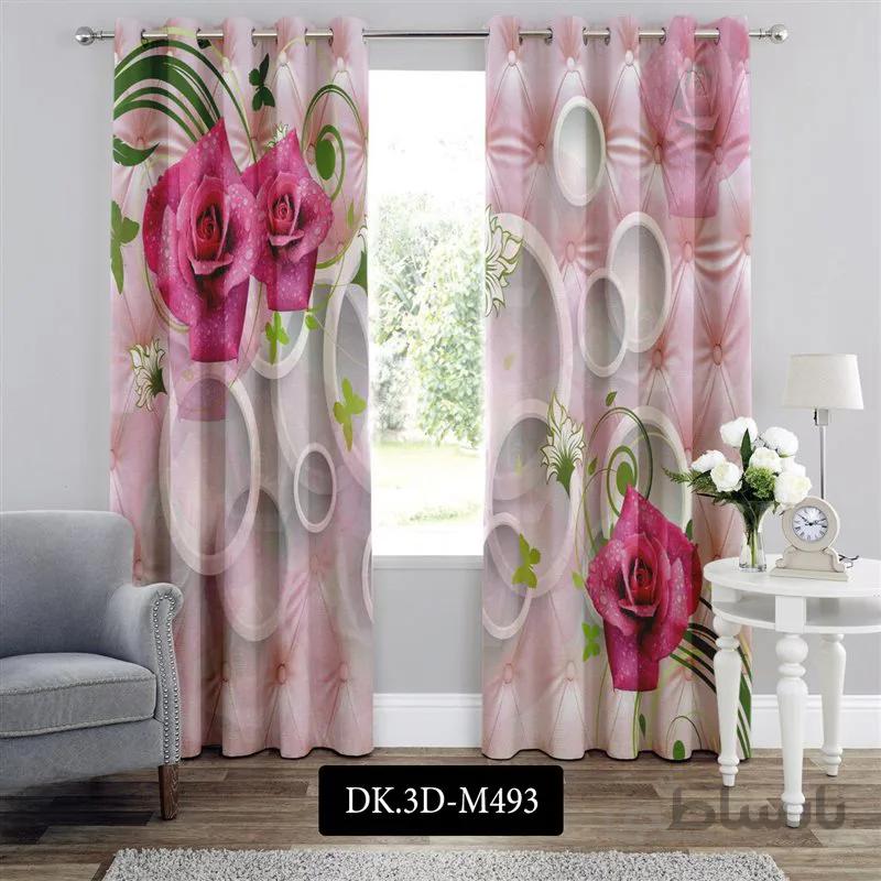 پرده پانچی (هازان و مخمل)کد DK.3D.M493 طرح سه بعدی گل های صورتی و حلقه های سفید