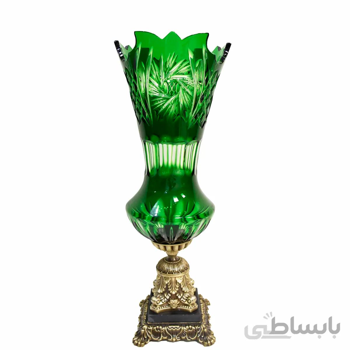 گلدان كريستال سبز كاپی دو پوست پایه برنز