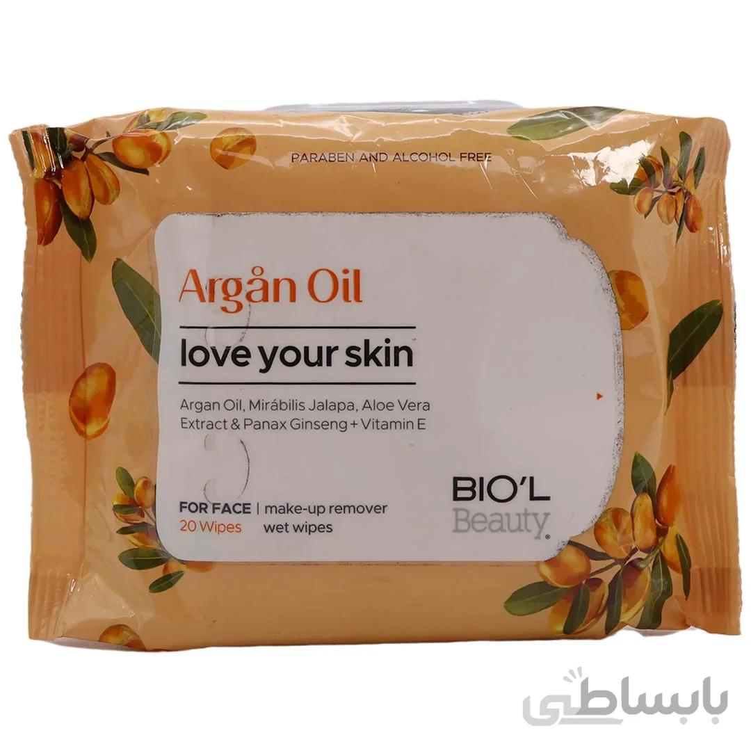 دستمال مرطوب بیول مدل Argan Oil بسته 20 عددی BIOL ا Biol Make Up Remover Wet Wipes- Argan Oil