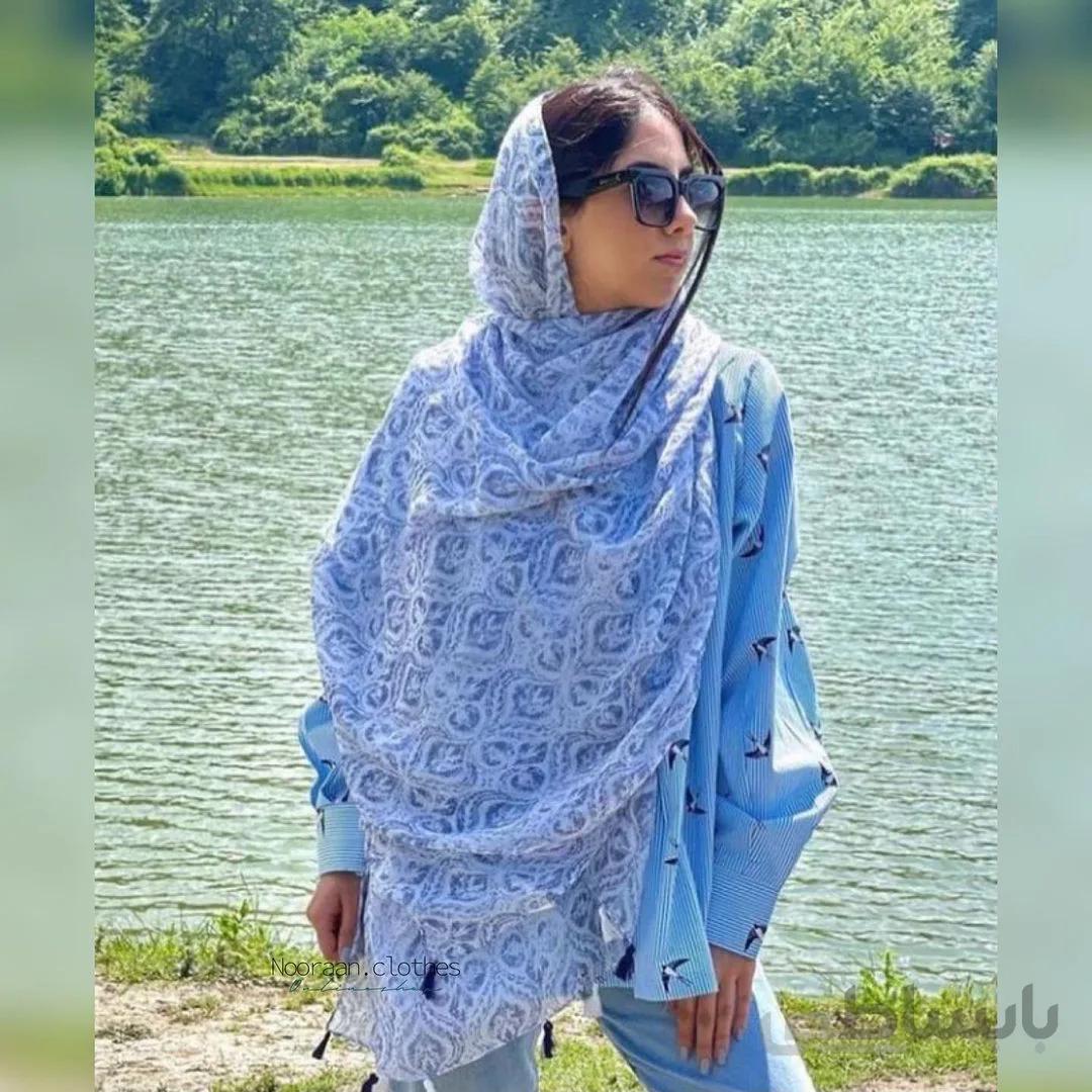 شال نخی منگوله دار آبی سفید ا Shall1400032