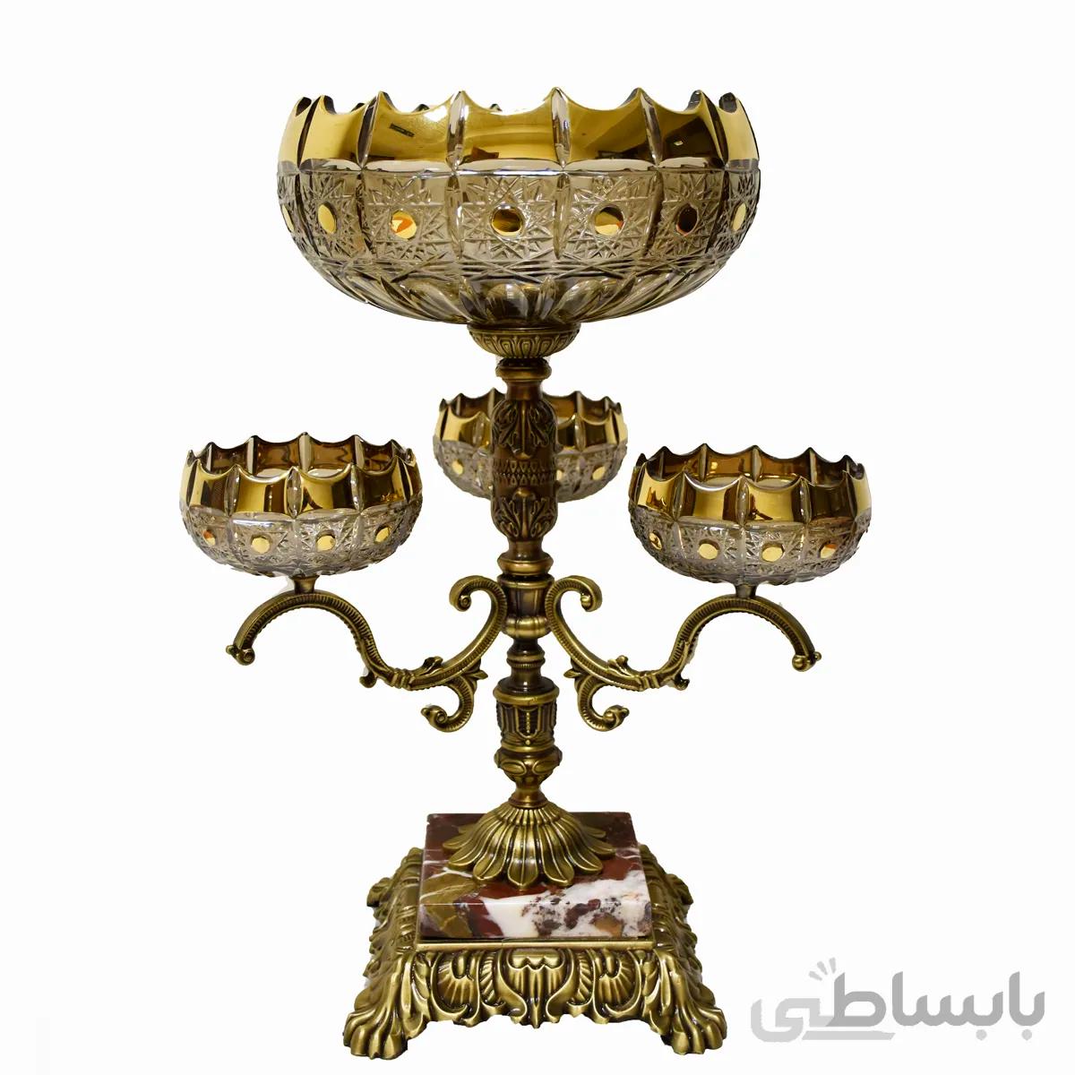 كاسه آجیل جوری با 3 پياله کلاسیک لب طلا پايه برنز