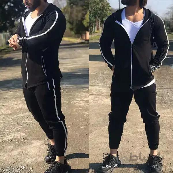 ست مردانه کد 029 هودی و شلوار طرح تک خط جنس دورس رنگ مشکی ا Men's set of Dors single-line full-length
