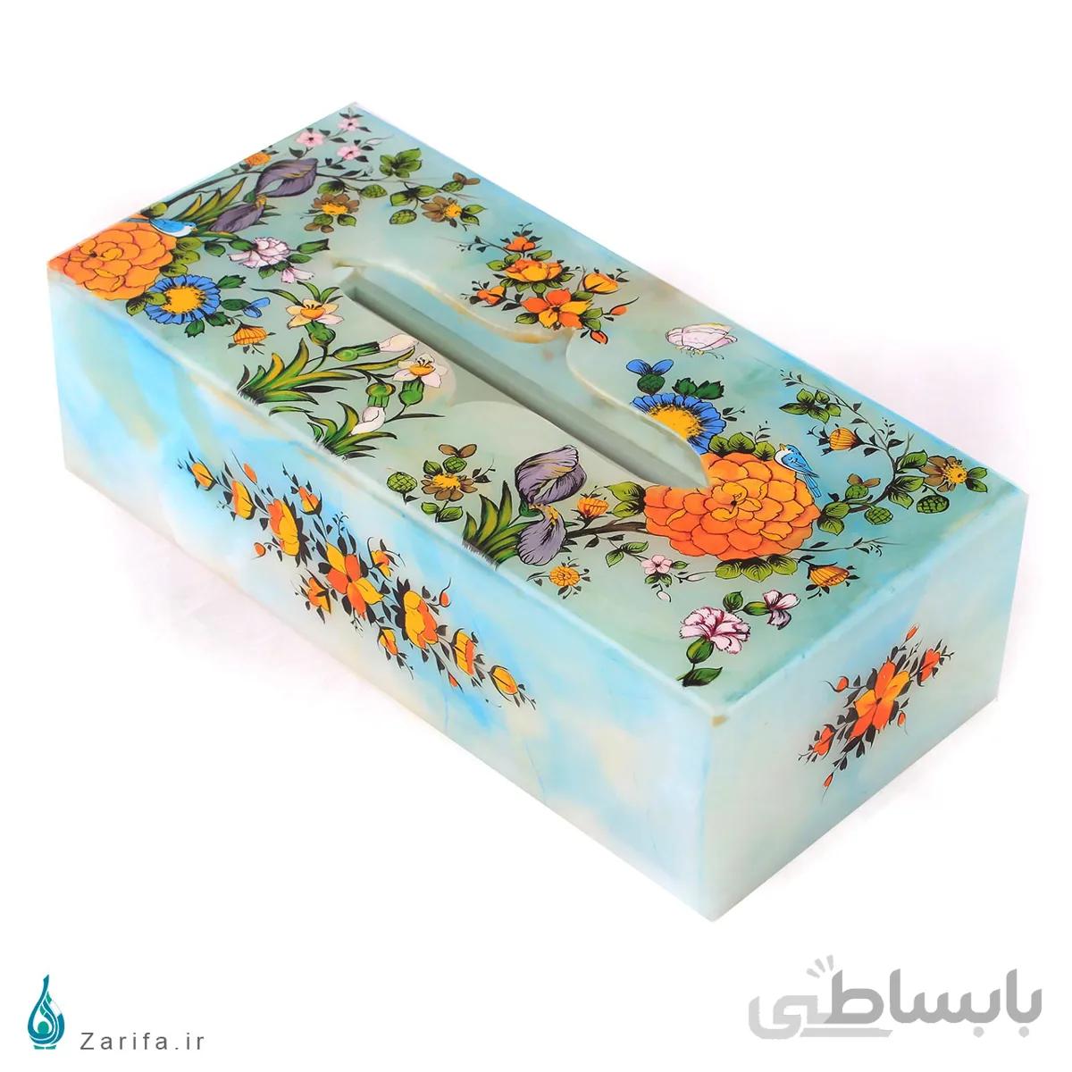 جعبه دستمال کاغذی سنگ مرمر با نگارگری گل و مرغ اسکندری