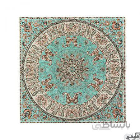 رومیزی مربع ترمه طرح شاهسوند رنگ سبز آبی