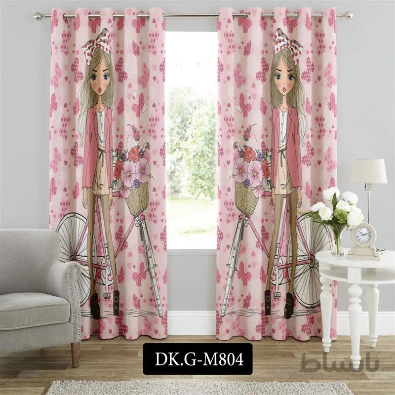 پرده پانچی (هازان و مخمل) کد DK.G.M804 طرح دخترانه دختر دوچرخه سوار
