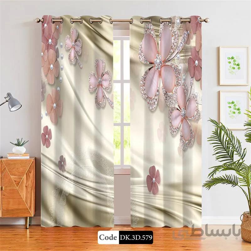پرده پانچی (هازان و مخمل)کد DK.3D.579 طرح سه بعدی گل های صورتی طلایی