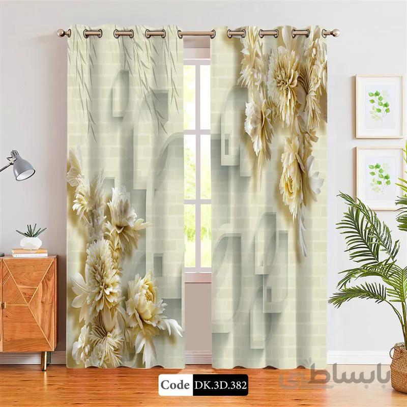 پرده پانچی (هازان و مخمل)کد DK.3D.382 طرح سه بعدی گل ها و دیوار آجری