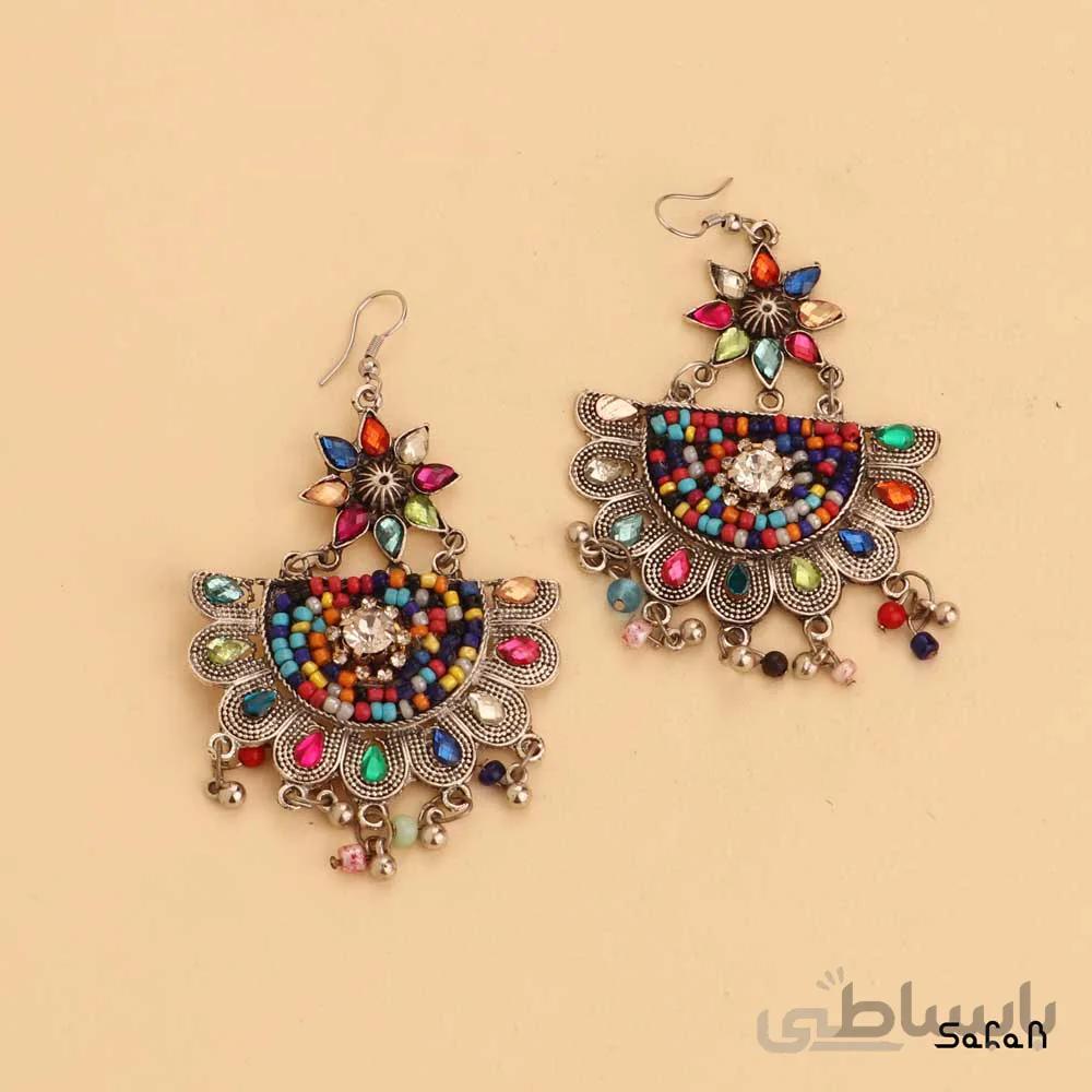 گوشواره هندی لوستری دوطبقه نگینی دست ساز
