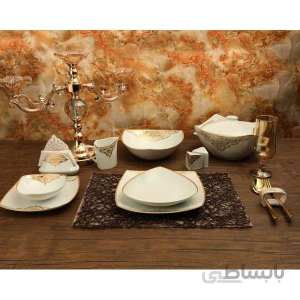 سرویس غذاخوری 12 نفره 105 پارچه چینی پردیس کاشان قالب پاریس طرح سوگند طلایی کد 193B