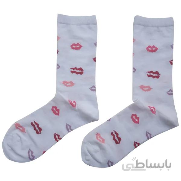 جوراب نخی فانتزی زنانه طرح لب زمینه سفید کد PH120