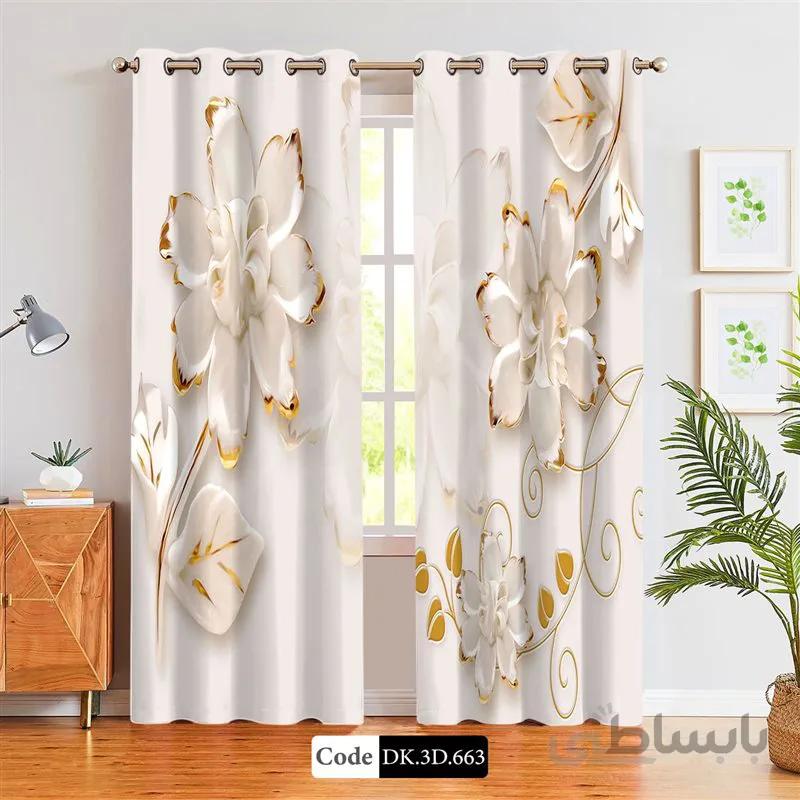 پرده پانچی (هازان و مخمل)کد DK.3D.663 طرح سه بعدی گل های طلایی