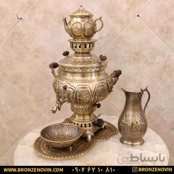 سماور برنجی گازی ۸ لیتری آنتیک هخامنش با سرویس