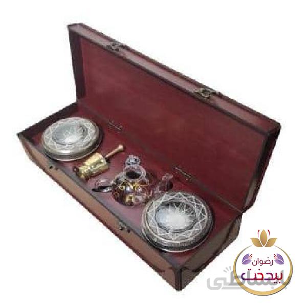 جعبه چوبی زعفران سایز 36*12 سانت با هاون و قوری وظرف خاتم