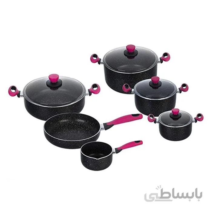 سرویس 10 پارچه گراناکا مشکی سرخابی با درب شیشه ای زرساب کد GK-6200MS