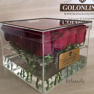 باکس مربع شیشه ای با ۱۶ شاخه رز هلندی