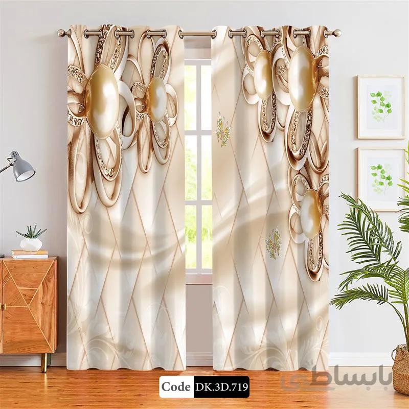 پرده پانچی (هازان و مخمل)کد DK.3D.719 طرح سه بعدی گل های طلایی و پروانه