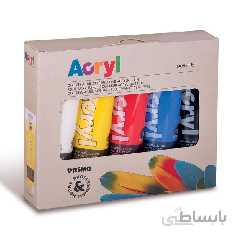رنگ آکریلیک پریمو، تیوب 75میل، 5 رنگ اصلی، بستهبندی مقوایی 421TATM5