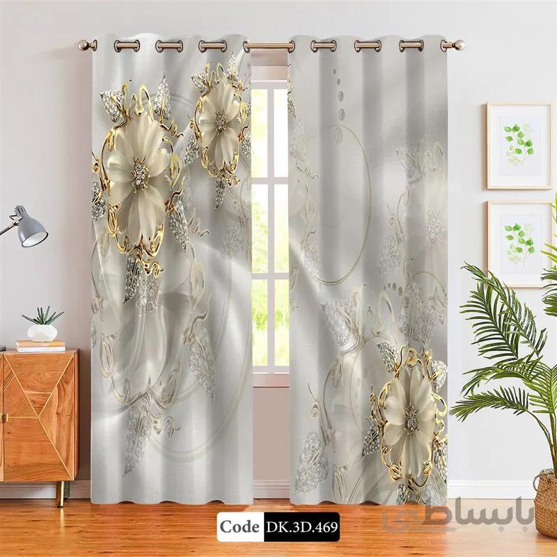 پرده پانچی (هازان و مخمل)کد DK.3D.469 طرح سه بعدی گل های طلایی