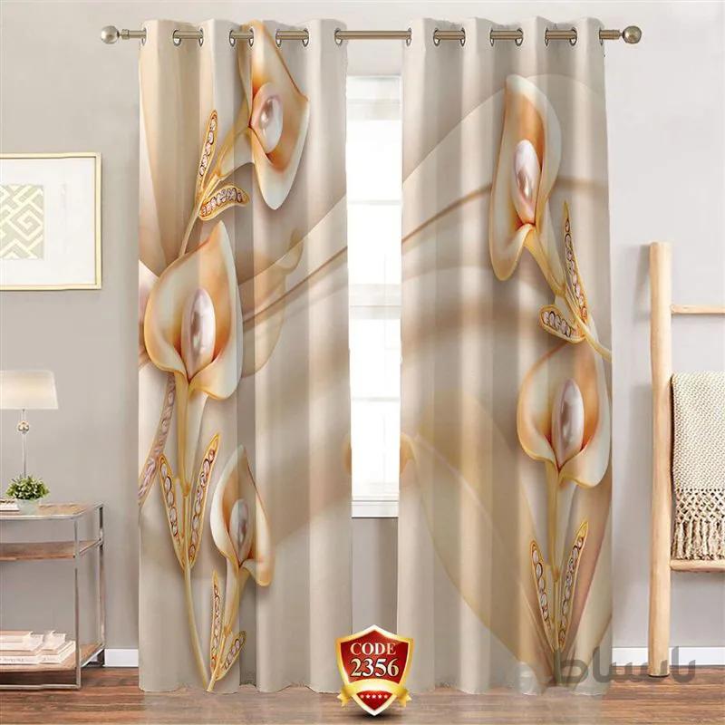 پرده پانچی کد 2356-3d-b طرح سه بعدی گل طلایی مرواریدی