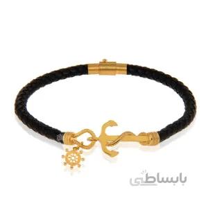 دستبند چرم مردانه با پلاک طلا طرح لنگر کد MB147