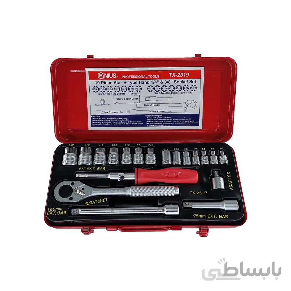 مجموعه 19 پارچه بکسE جنیوس"1/4 و"3/8 مدلGENIUS_TX-2319 ا GENIUS_TX-2319